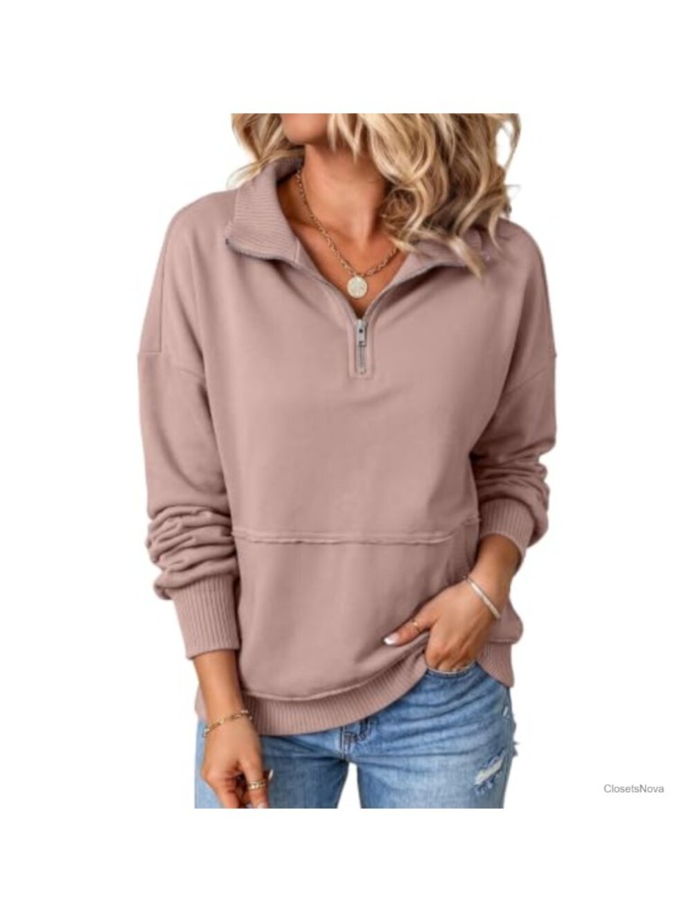 Womens Half Zip Oversized Sweatshirt Cotton Blend Pullover Long Sleeve Casual